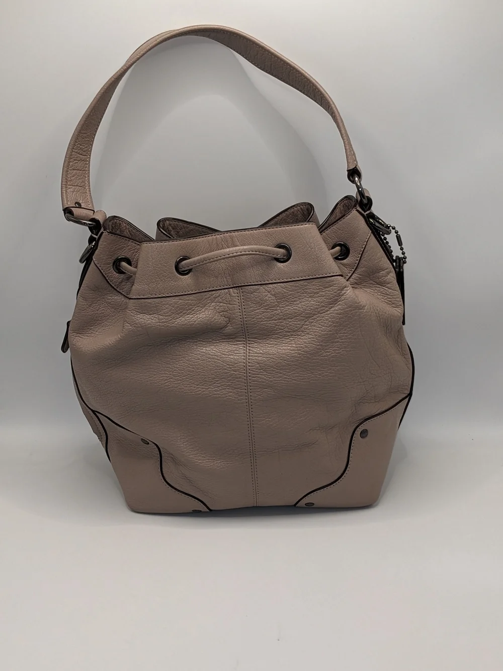 Coach Pebbled Leather Drawstring Bucket Shoulder Bag – Taupe